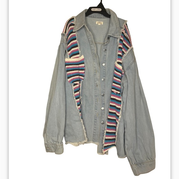 POL Crochet Denim Jean Jacket Shacket size Large - Picture 4 of 7